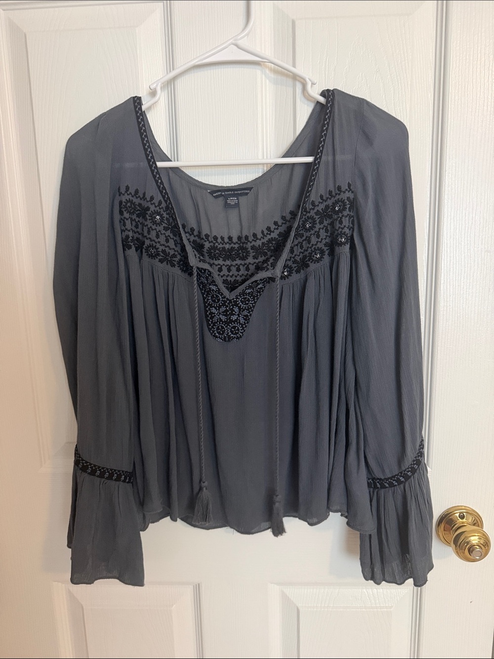 American Eagle Outfitters Blue-Gray Embroidered Peasant Blouse